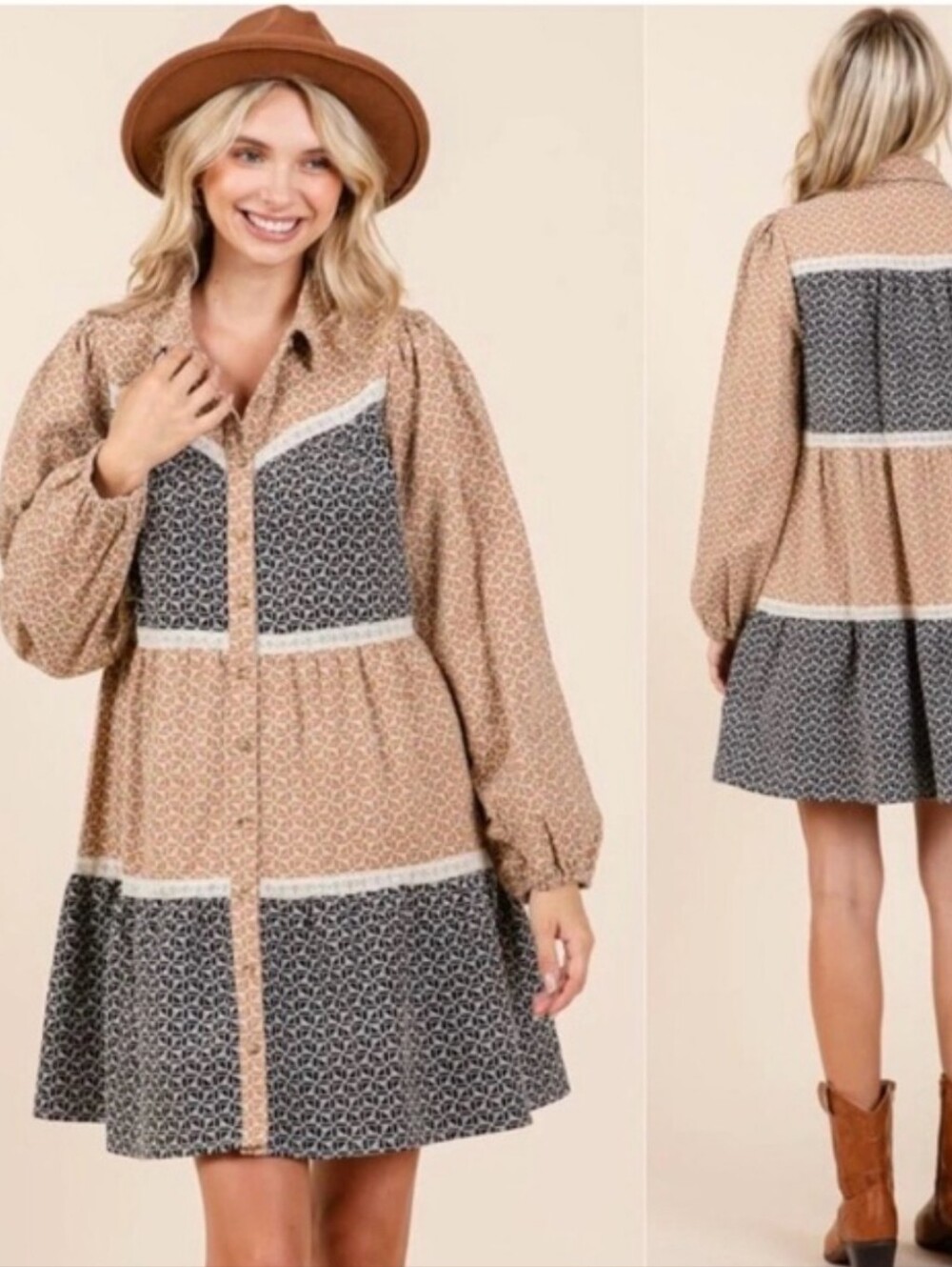 LOVELO Black & Tan Embroidered Color Block Collared Button Front Dress NWT Sz SM